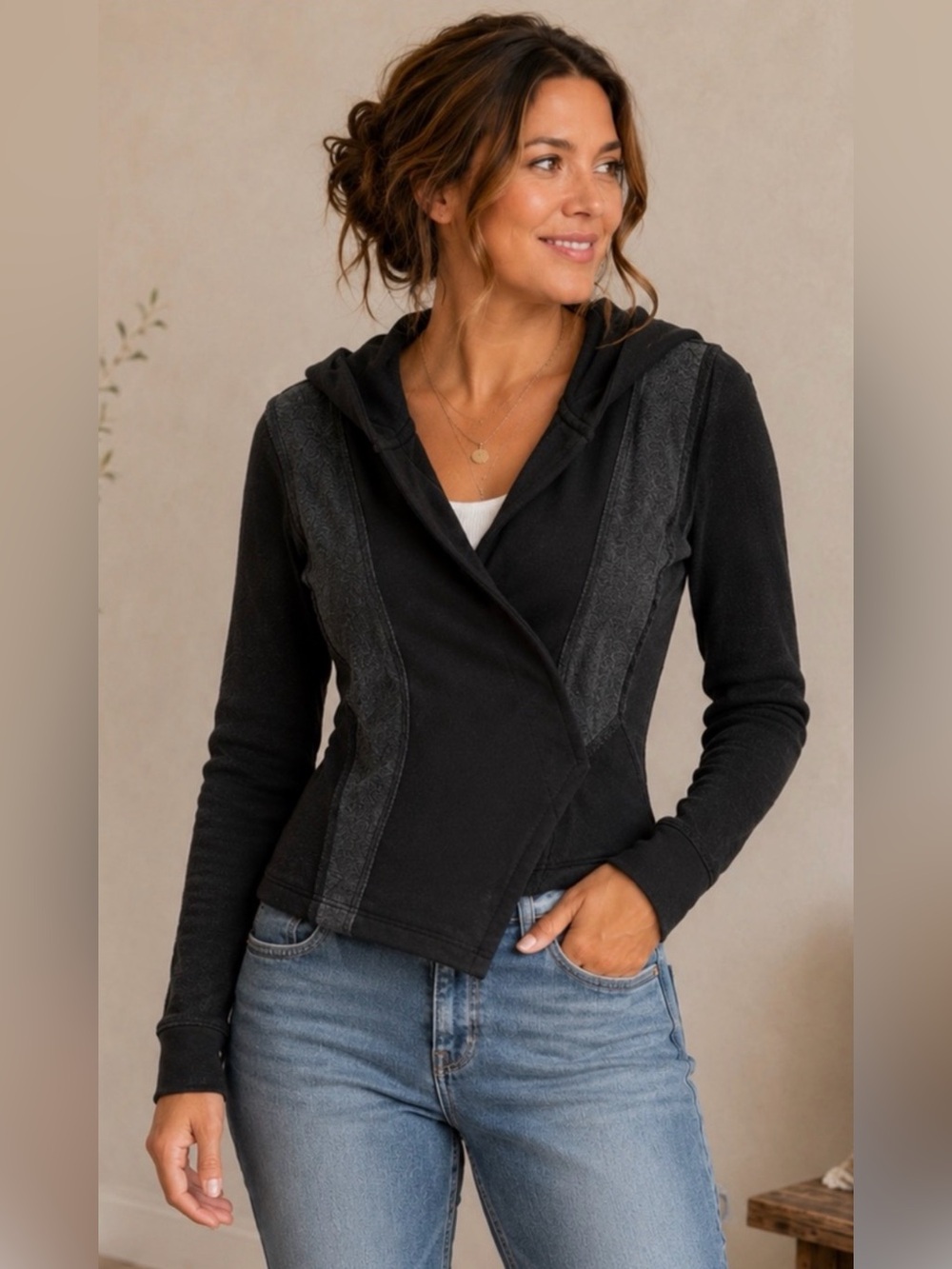 Free People Black Hooded Moto Jacket M French Terry Deconstructed Boho